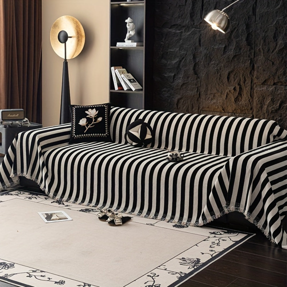 ChenilleStyle: Sofa cover in modern striped design in black and white for cozy comfort – for sofa and living area