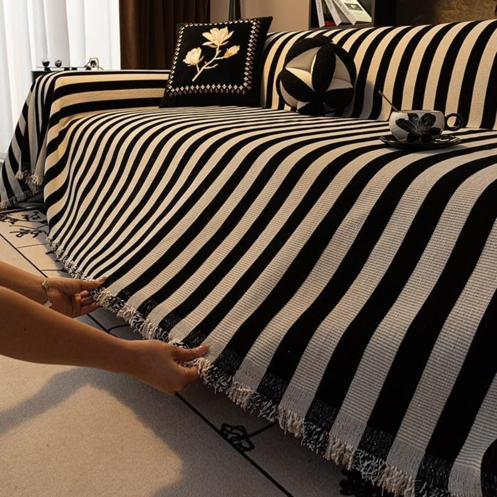 ChenilleStyle: Sofa cover in modern striped design in black and white for cozy comfort – for sofa and living area