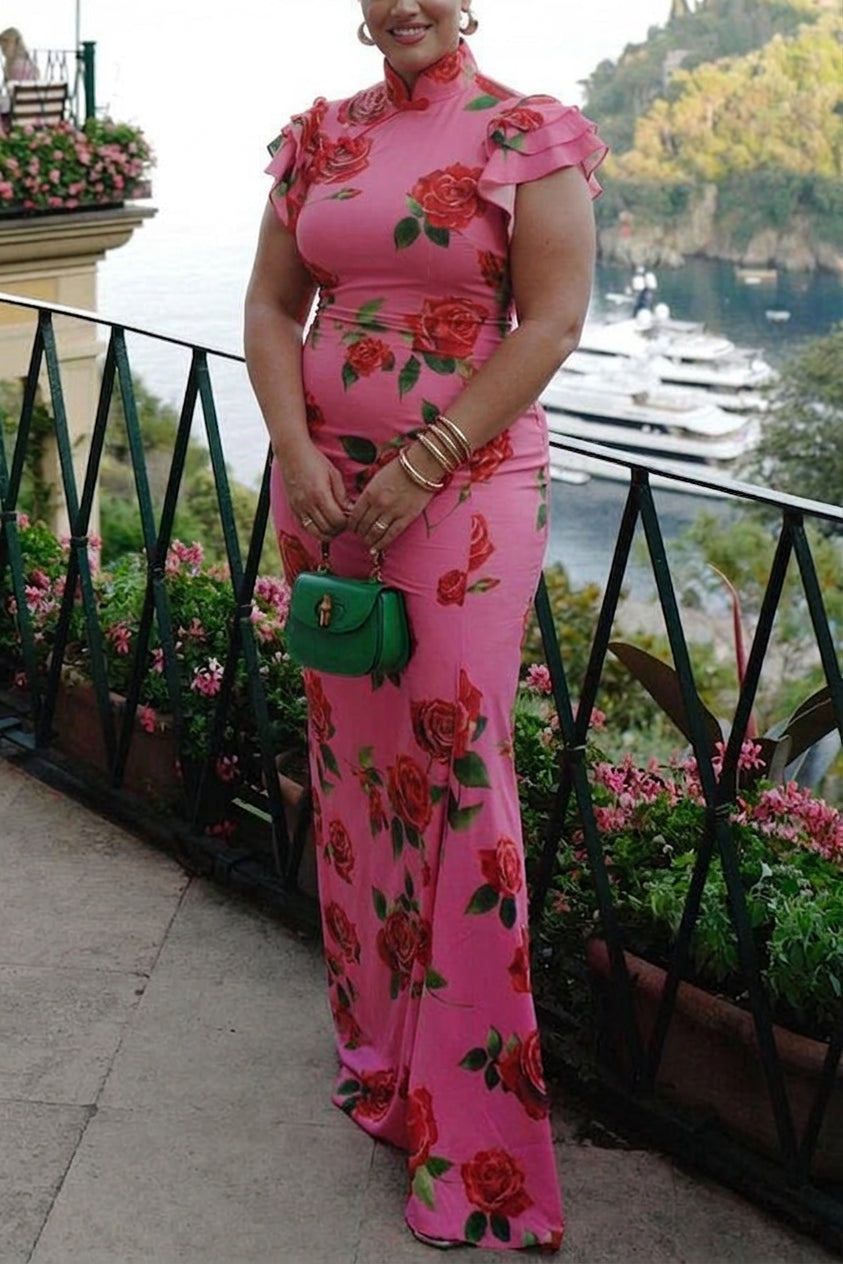 Elegant Floral Dress for Women High-Neck Ruffle-Sleeve Maxi