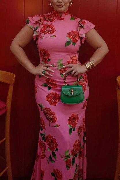 Elegant Floral Dress for Women High-Neck Ruffle-Sleeve Maxi