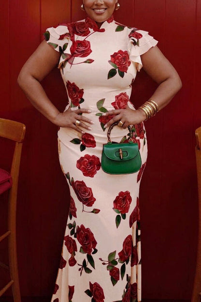 Elegant Floral Dress for Women High-Neck Ruffle-Sleeve Maxi