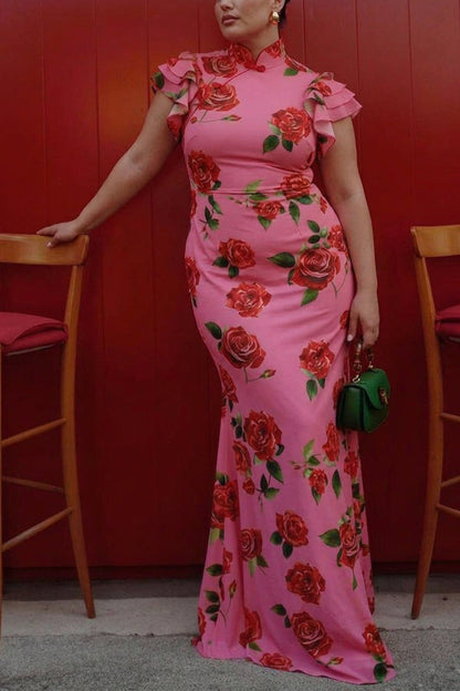 Elegant Floral Dress for Women High-Neck Ruffle-Sleeve Maxi