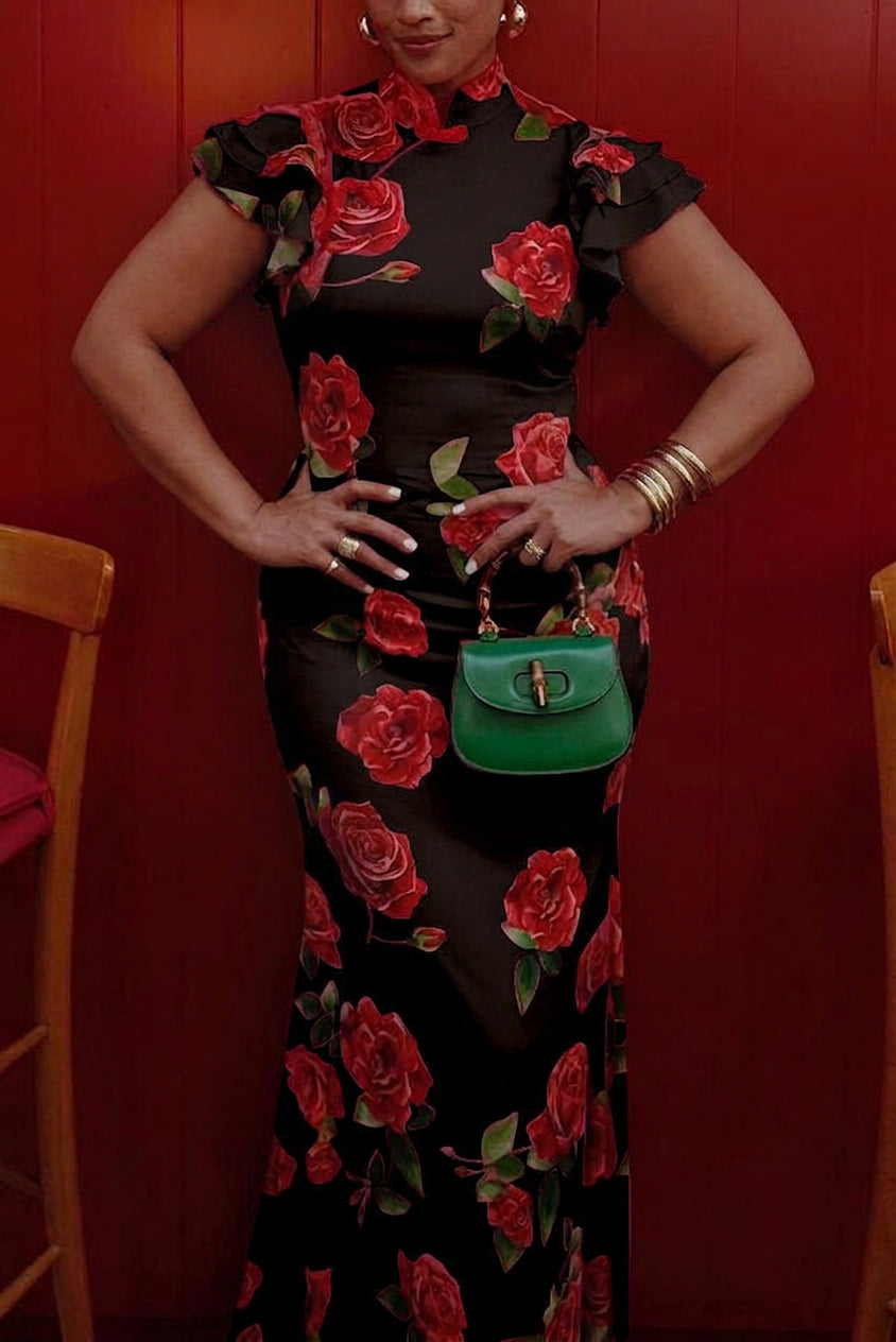 Elegant Floral Dress for Women High-Neck Ruffle-Sleeve Maxi