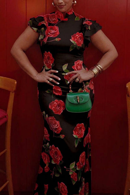 Elegant Floral Dress for Women High-Neck Ruffle-Sleeve Maxi