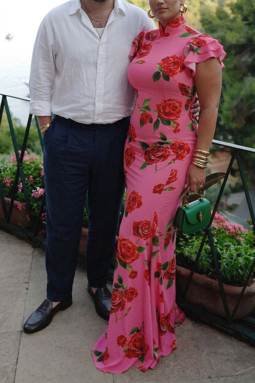 Elegant Floral Dress for Women High-Neck Ruffle-Sleeve Maxi