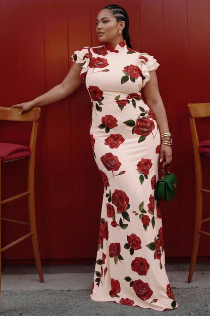 Elegant Floral Dress for Women High-Neck Ruffle-Sleeve Maxi