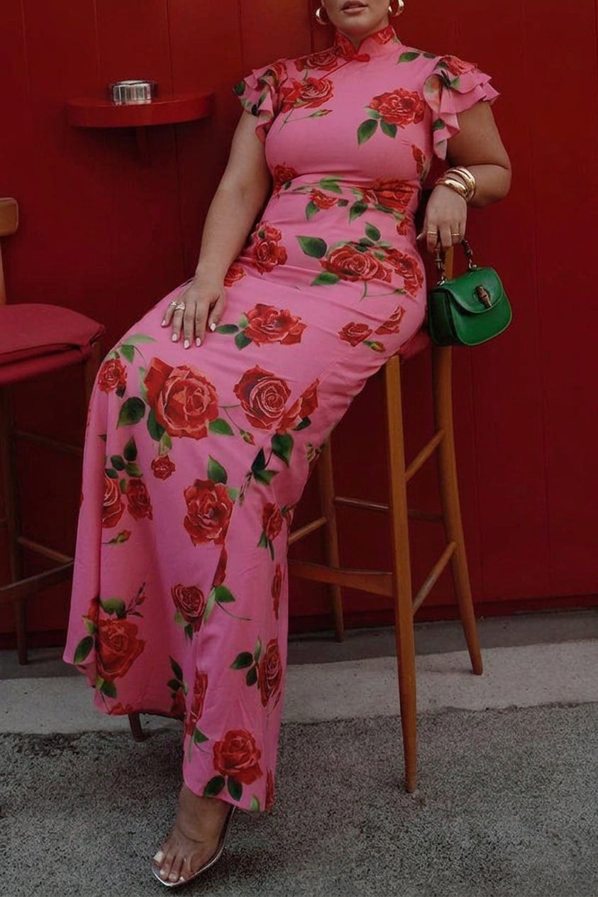 Elegant Floral Dress for Women High-Neck Ruffle-Sleeve Maxi