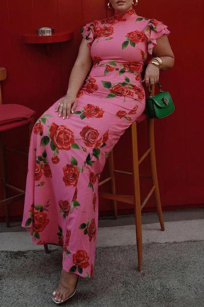 Elegant Floral Dress for Women High-Neck Ruffle-Sleeve Maxi