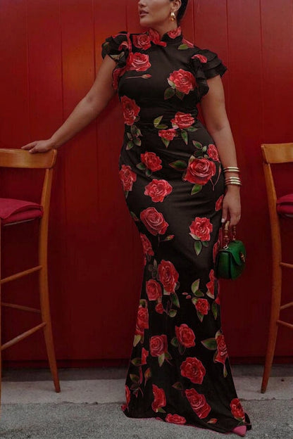 Elegant Floral Dress for Women High-Neck Ruffle-Sleeve Maxi