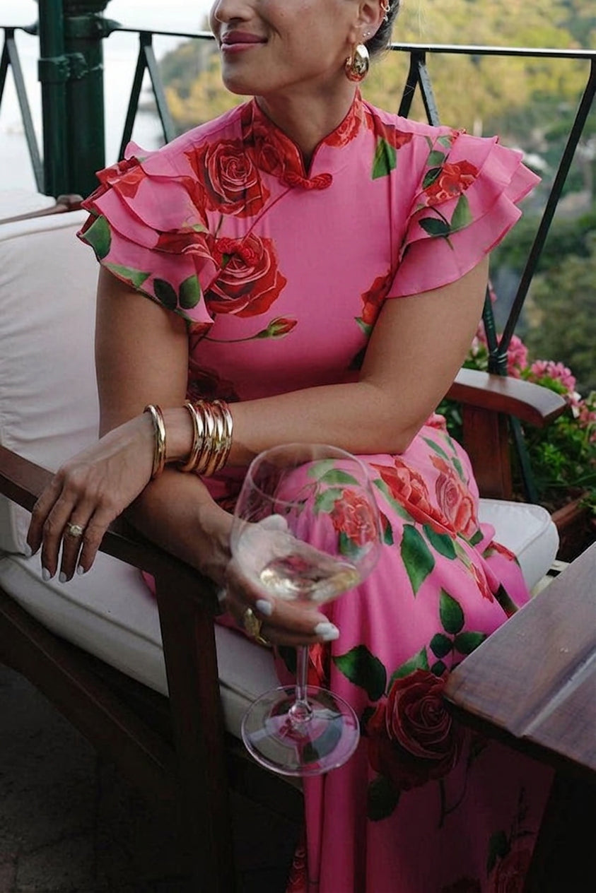 Elegant Floral Dress for Women High-Neck Ruffle-Sleeve Maxi