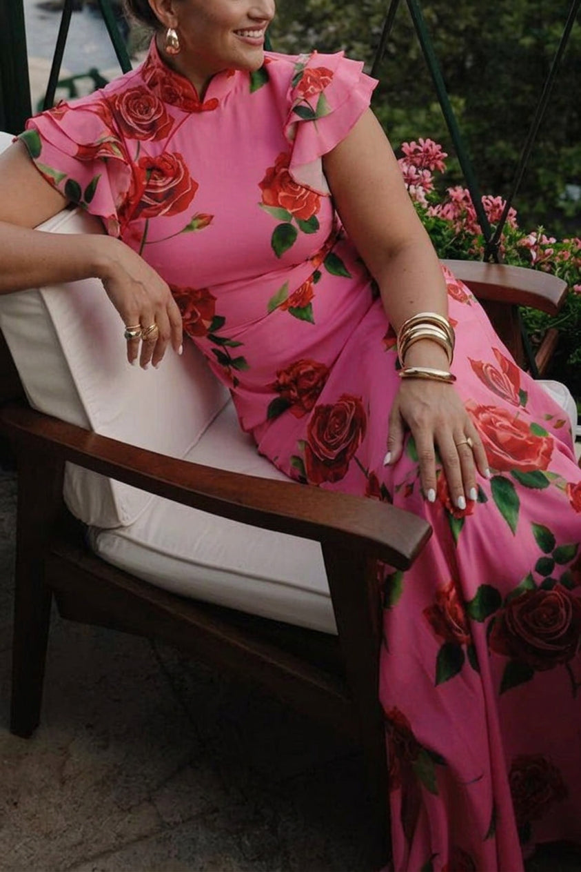 Elegant Floral Dress for Women High-Neck Ruffle-Sleeve Maxi