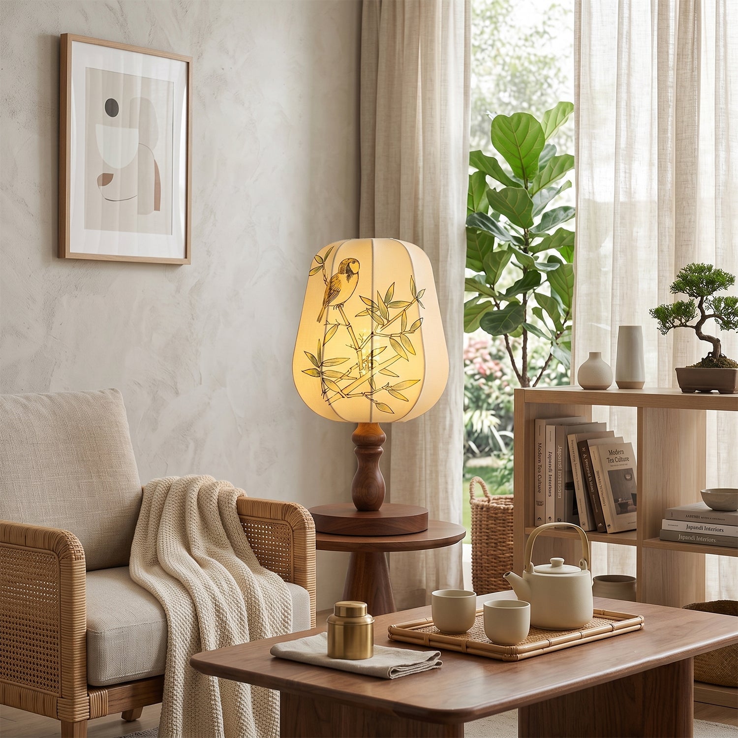 Chisato Hand-Painted Lantern Table Lamp with Wood Base