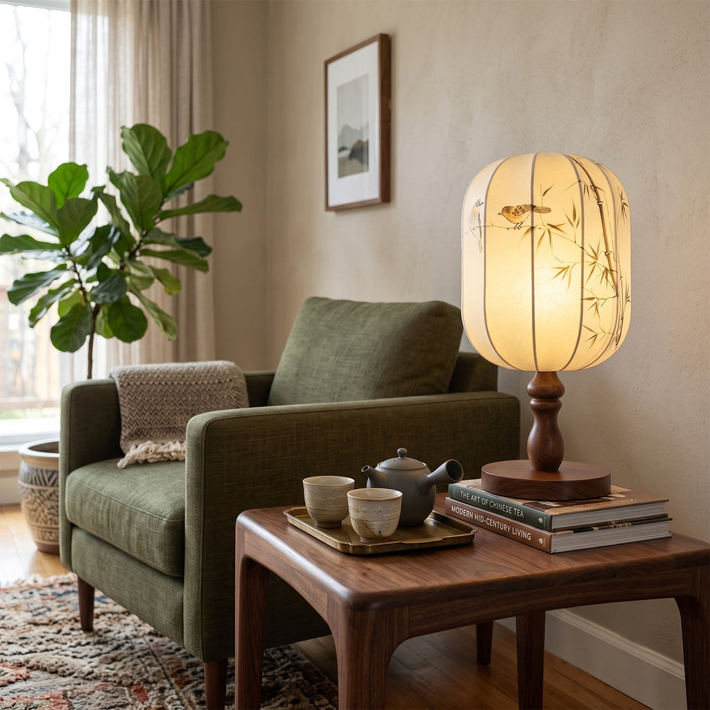 Chisato Hand-Painted Lantern Table Lamp with Wood Base