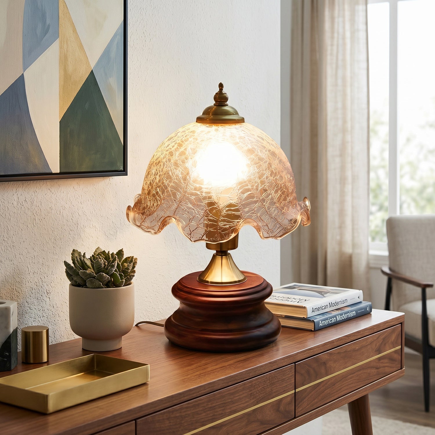 Crackle Glass Table Lamp with Turned Walnut Wood Base
