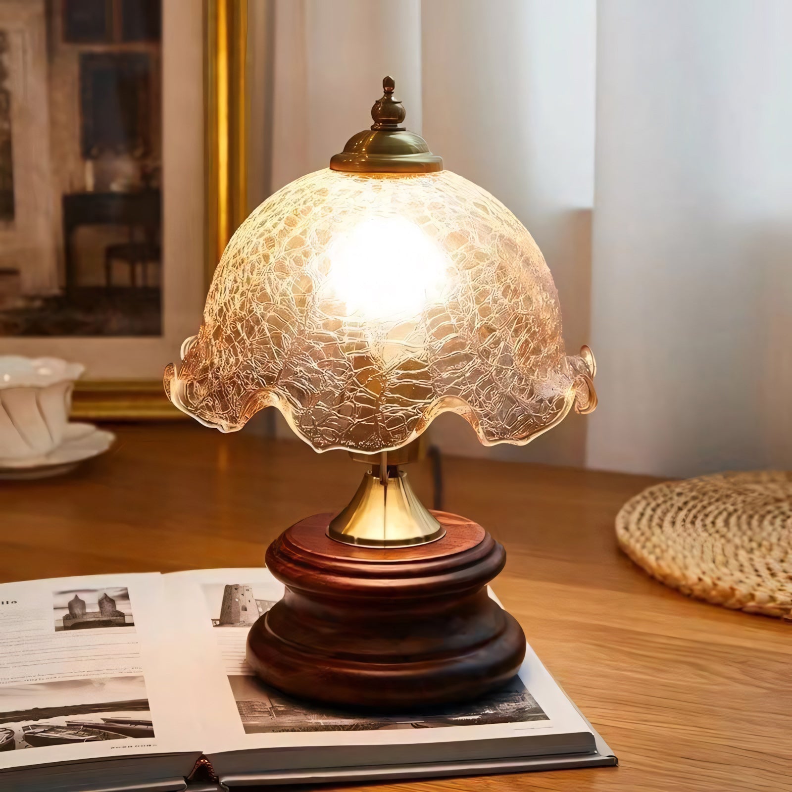 Crackle Glass Table Lamp with Turned Walnut Wood Base