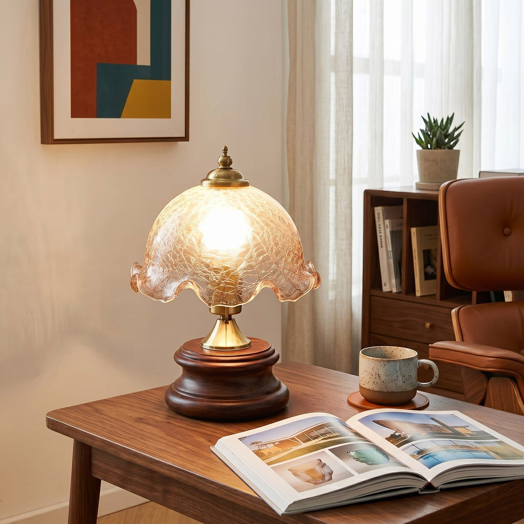 Crackle Glass Table Lamp with Turned Walnut Wood Base