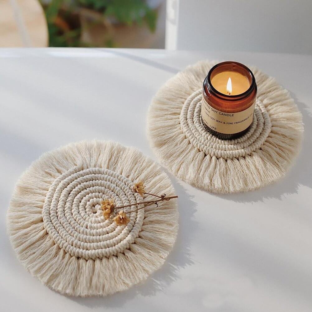 Cotton Macrame Coaster Set 3 Piece Handmade Woven Boho Pattern