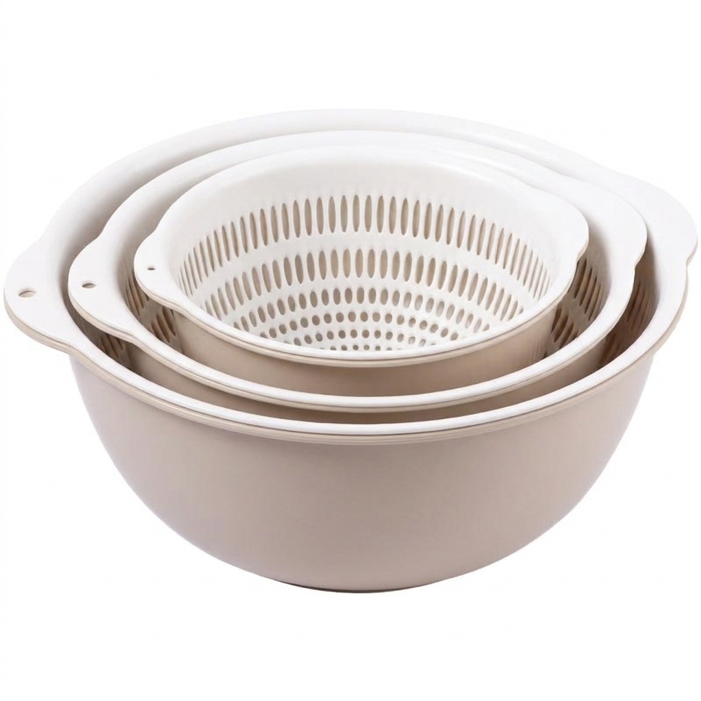 Colander Bowl Set Plastic 6 Piece Double Layer Nesting, Kitchen Prep Solution