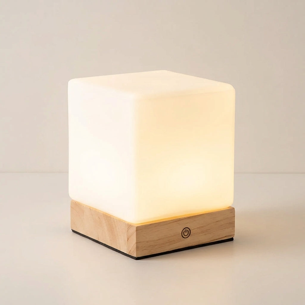 Cordless LED Cube Lamp Rechargeable Battery PE Solid Wood Brown