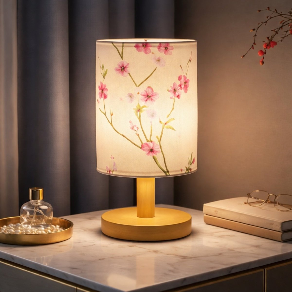 Table Lamp Fabric Shade Rechargeable Dimmable Rubberwood Base