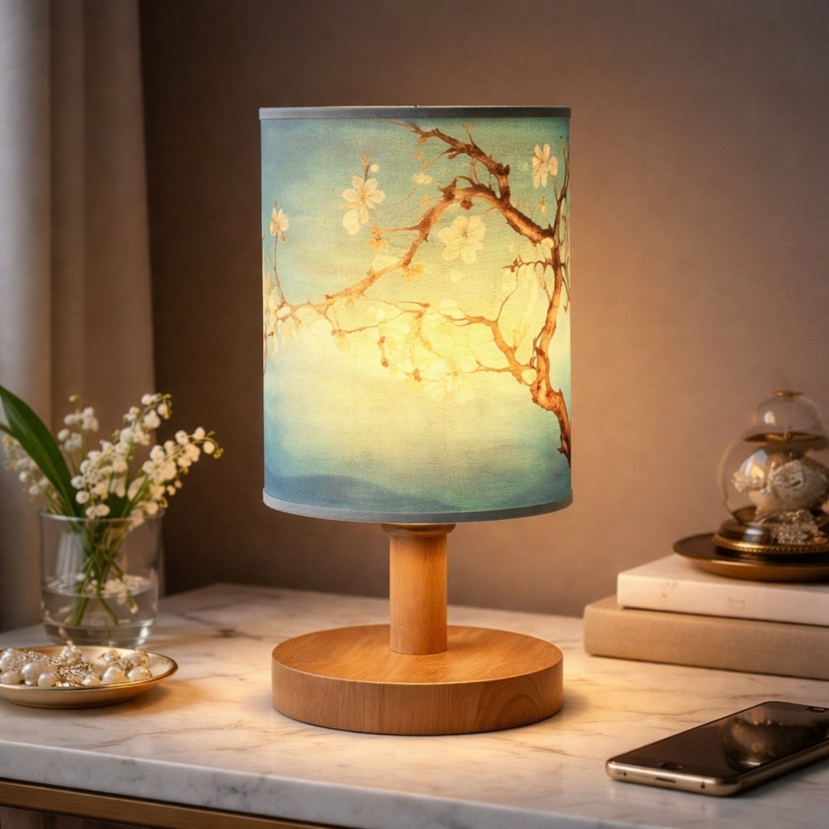 Table Lamp Fabric Shade Rechargeable Dimmable Rubberwood Base