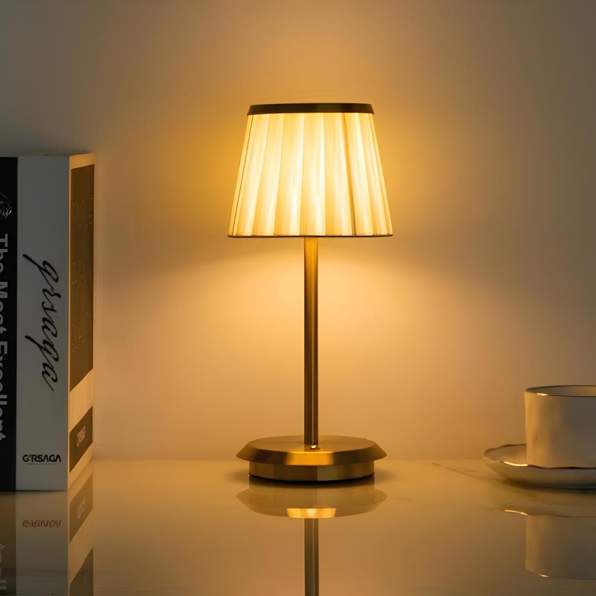 Table Lamp LED Cordless Rechargeable Dimmable Metal Cloth Shade 29.5 cm