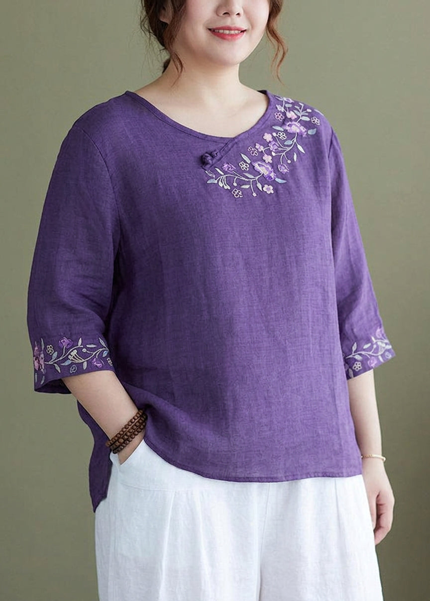 Comfortable Blouse for Women Round-Neck Embroidered Half-Sleeve