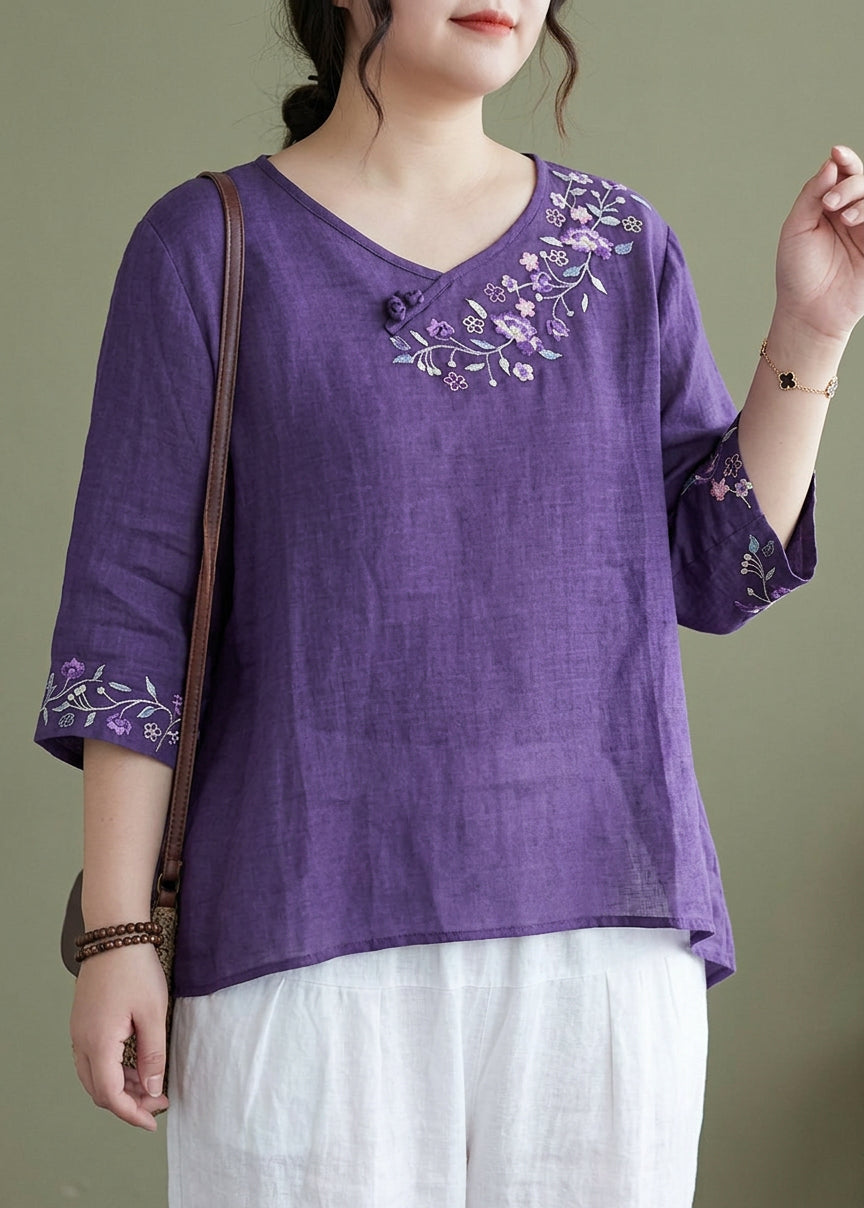Comfortable Blouse for Women Round-Neck Embroidered Half-Sleeve