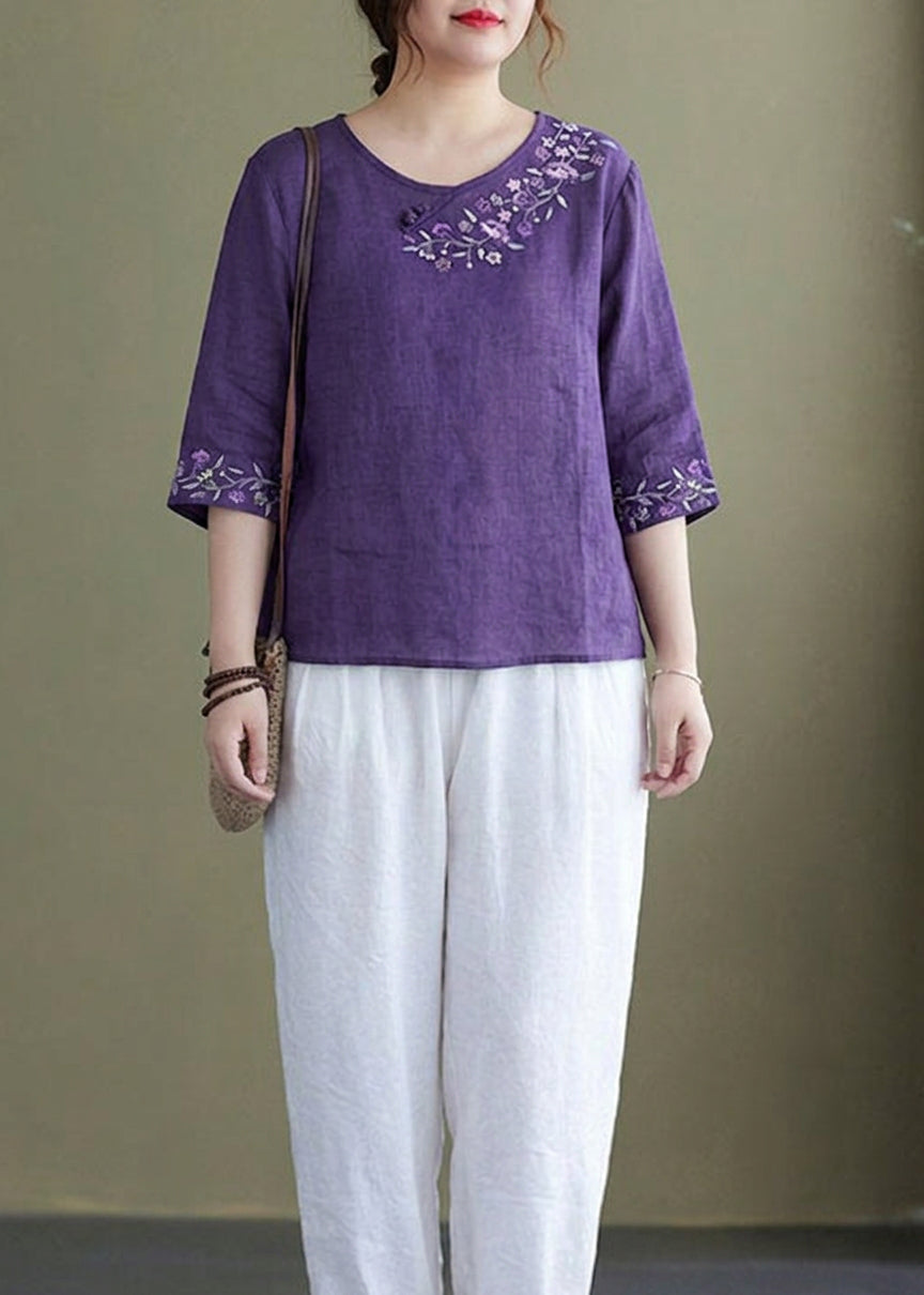 Comfortable Blouse for Women Round-Neck Embroidered Half-Sleeve