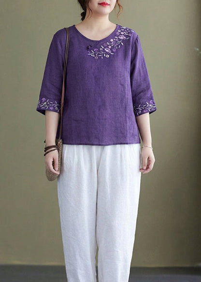 Comfortable Blouse for Women Round-Neck Embroidered Half-Sleeve