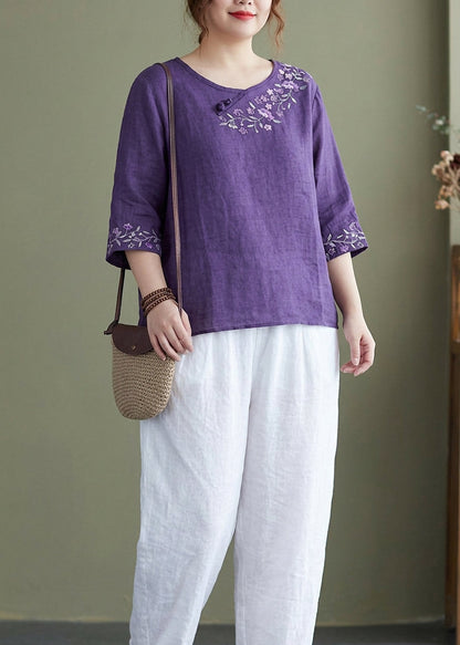 Comfortable Blouse for Women Round-Neck Embroidered Half-Sleeve