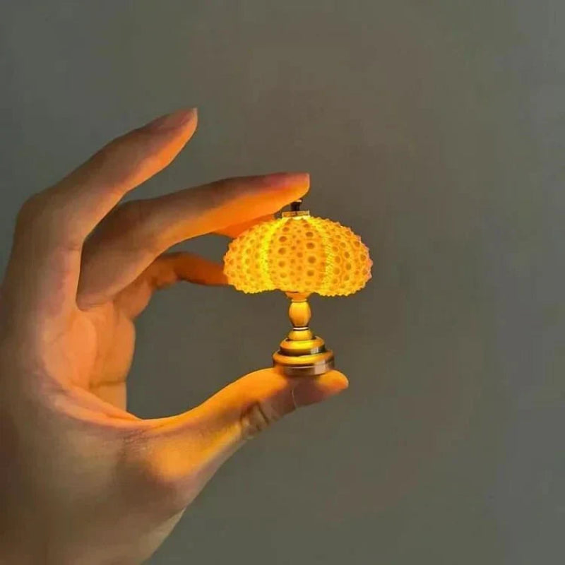 Miniature Night Light, Natural Sea Urchin Shell, Gold-Plated Metal Base, Button Cell Powered