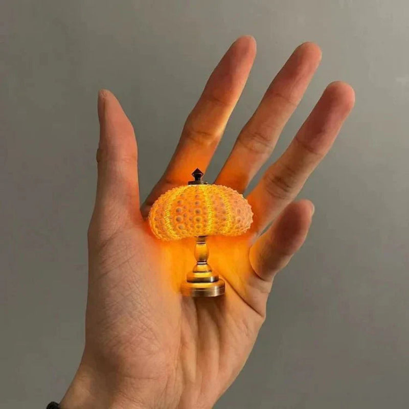 Miniature Night Light, Natural Sea Urchin Shell, Gold-Plated Metal Base, Button Cell Powered