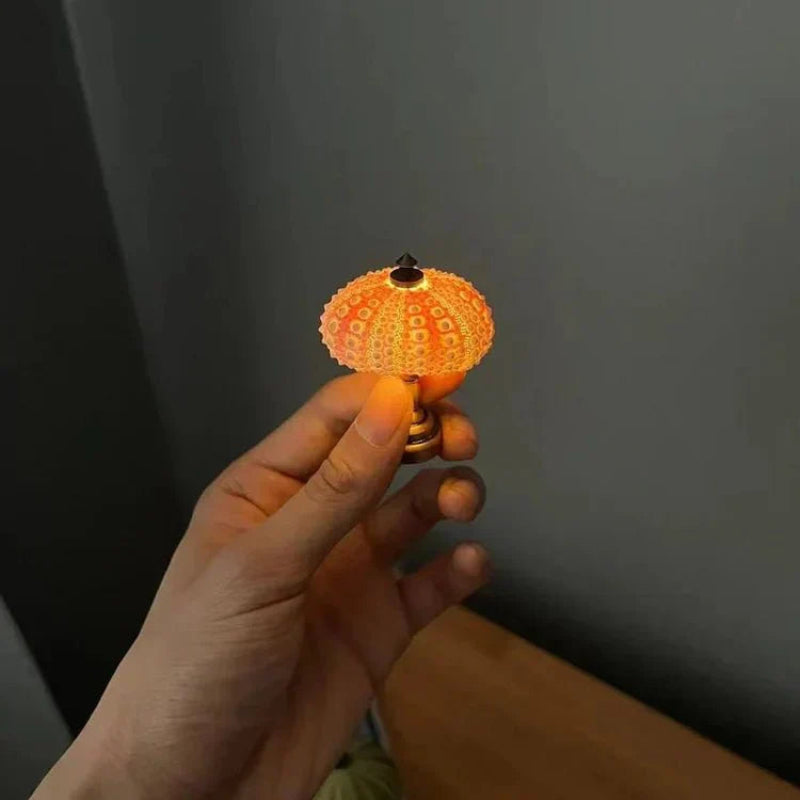 Miniature Night Light, Natural Sea Urchin Shell, Gold-Plated Metal Base, Button Cell Powered