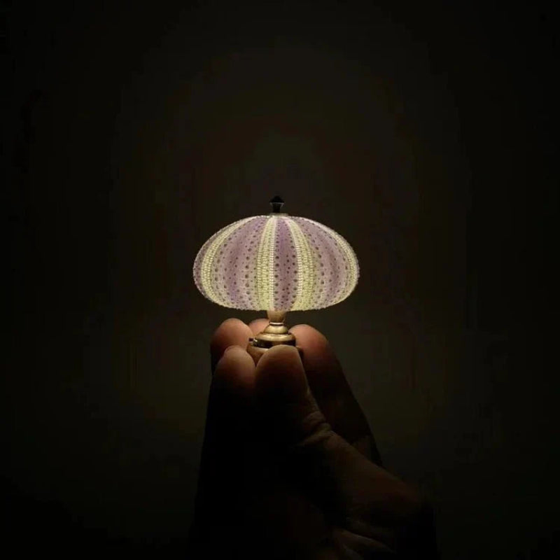 Miniature Night Light, Natural Sea Urchin Shell, Gold-Plated Metal Base, Button Cell Powered
