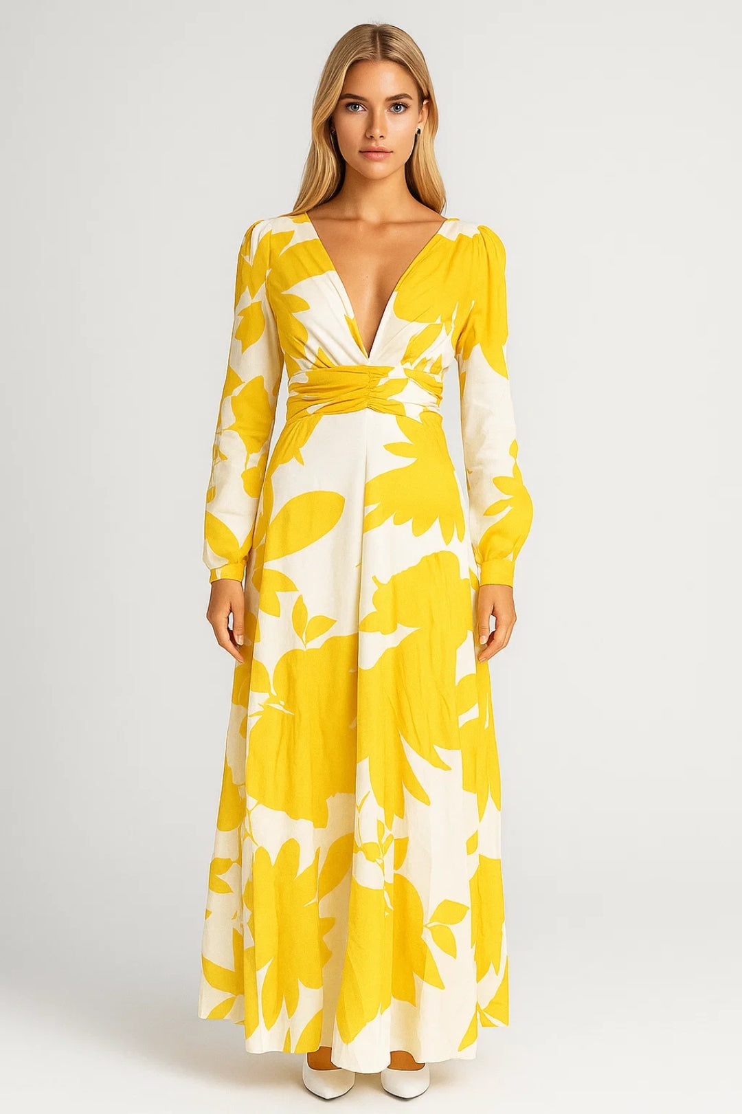 Floral Print Maxi Dress with V Neck and Long Sleeves