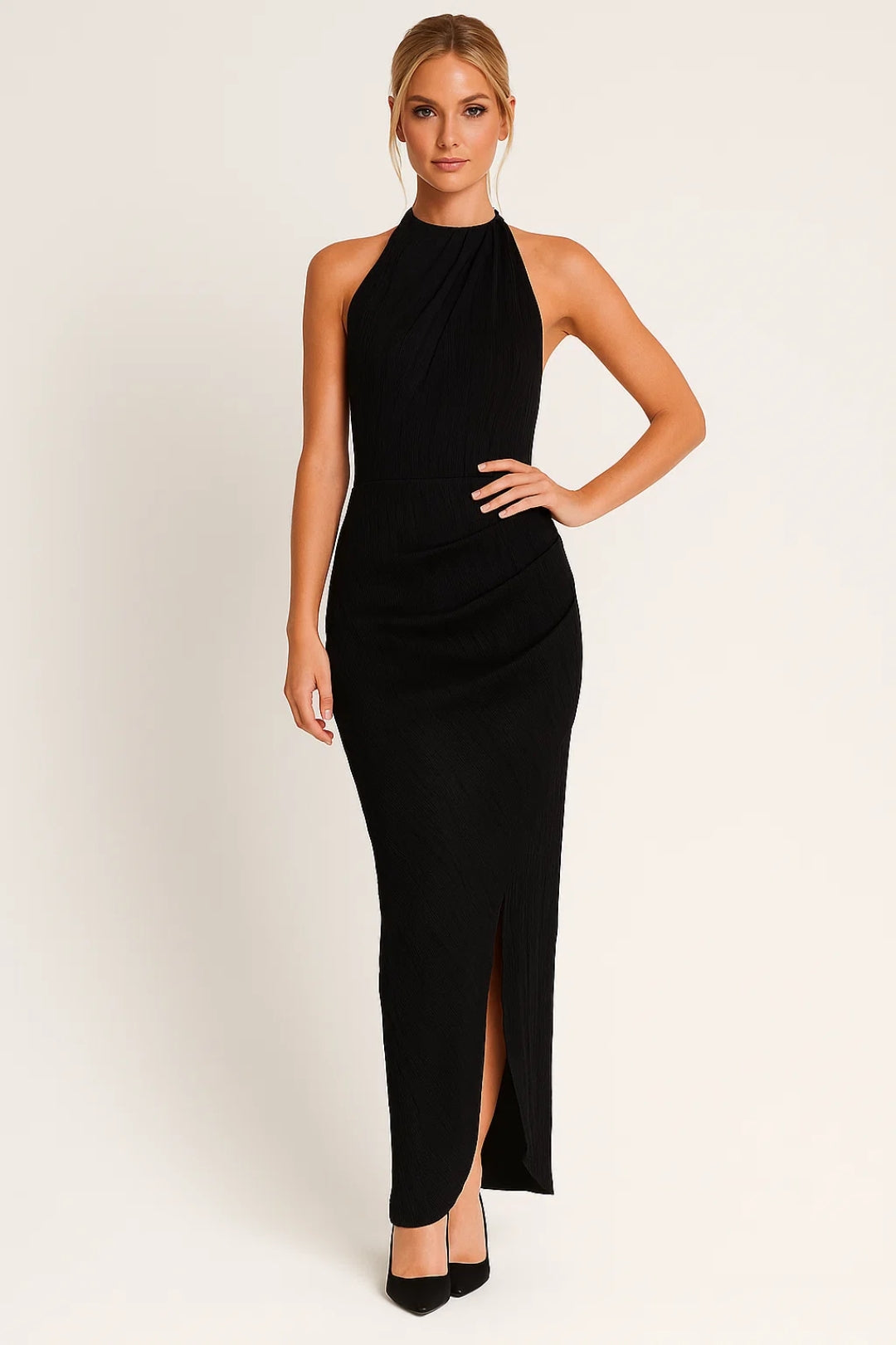 Halter Midi Dress with Open Back and Front Slit