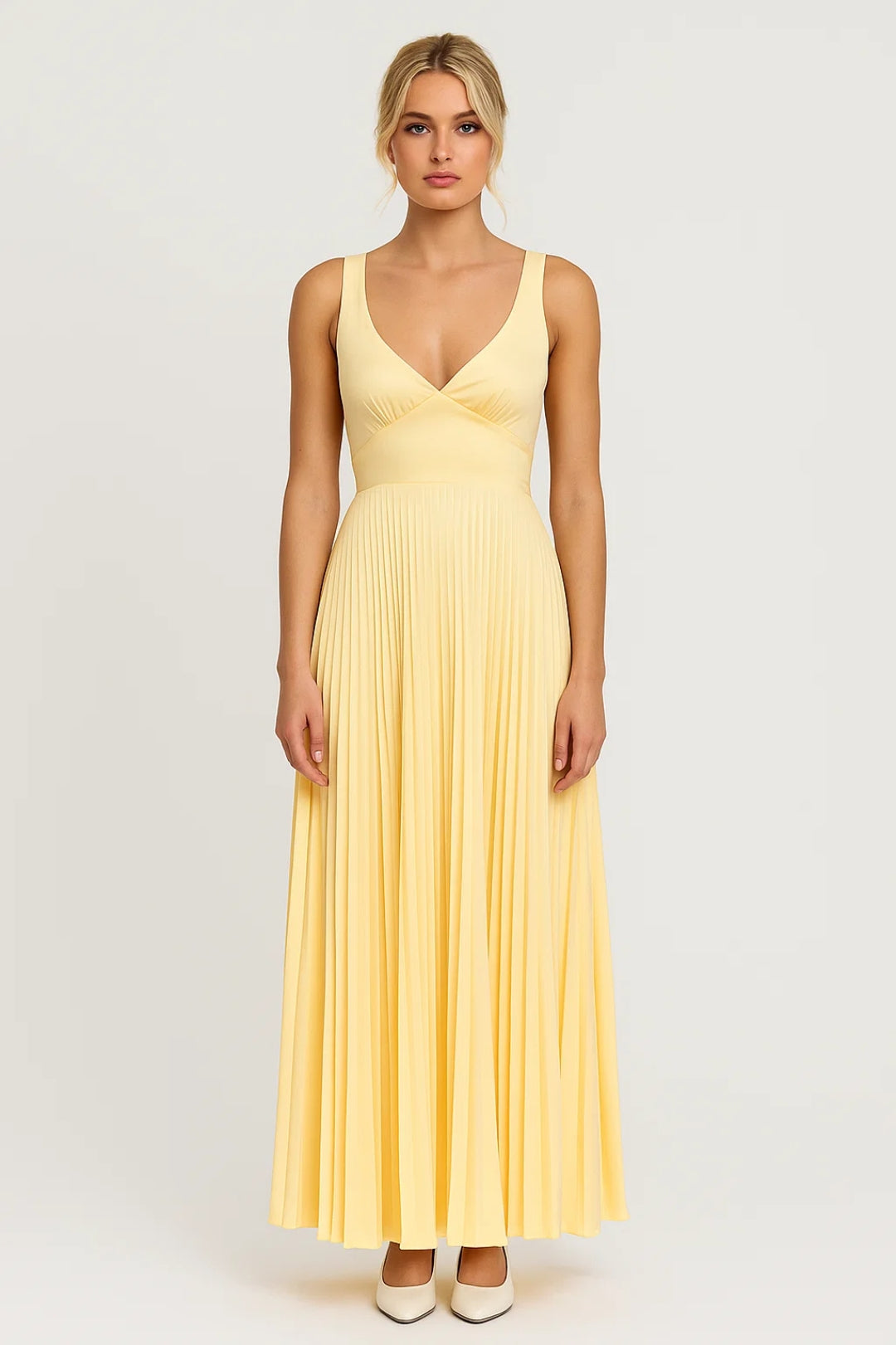 V Neck Maxi Dress with Pleated Skirt and Wide Straps
