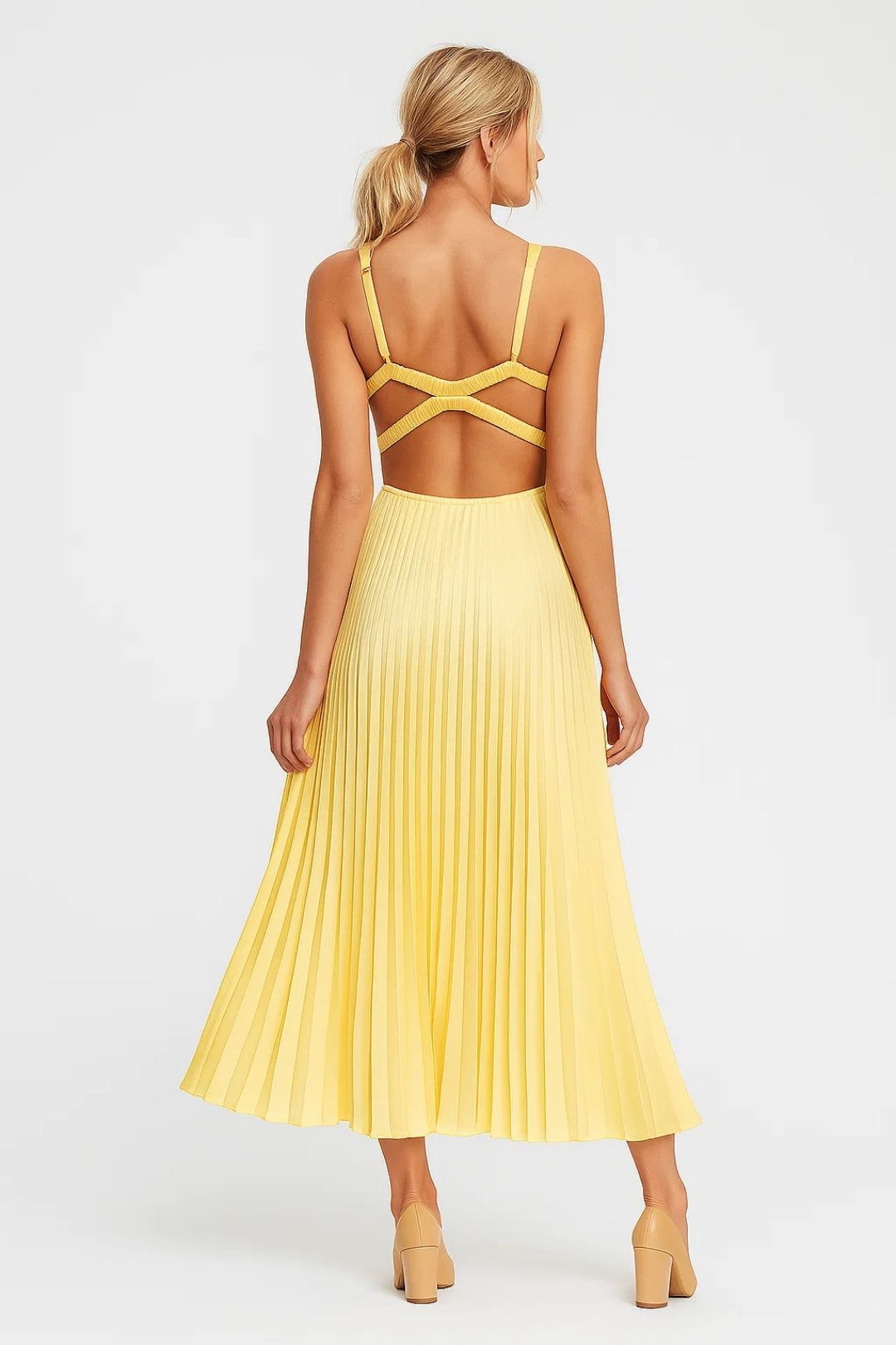 V Neck Maxi Dress with Pleated Skirt and Wide Straps