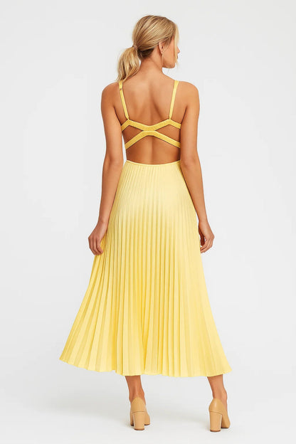 V Neck Maxi Dress with Pleated Skirt and Wide Straps