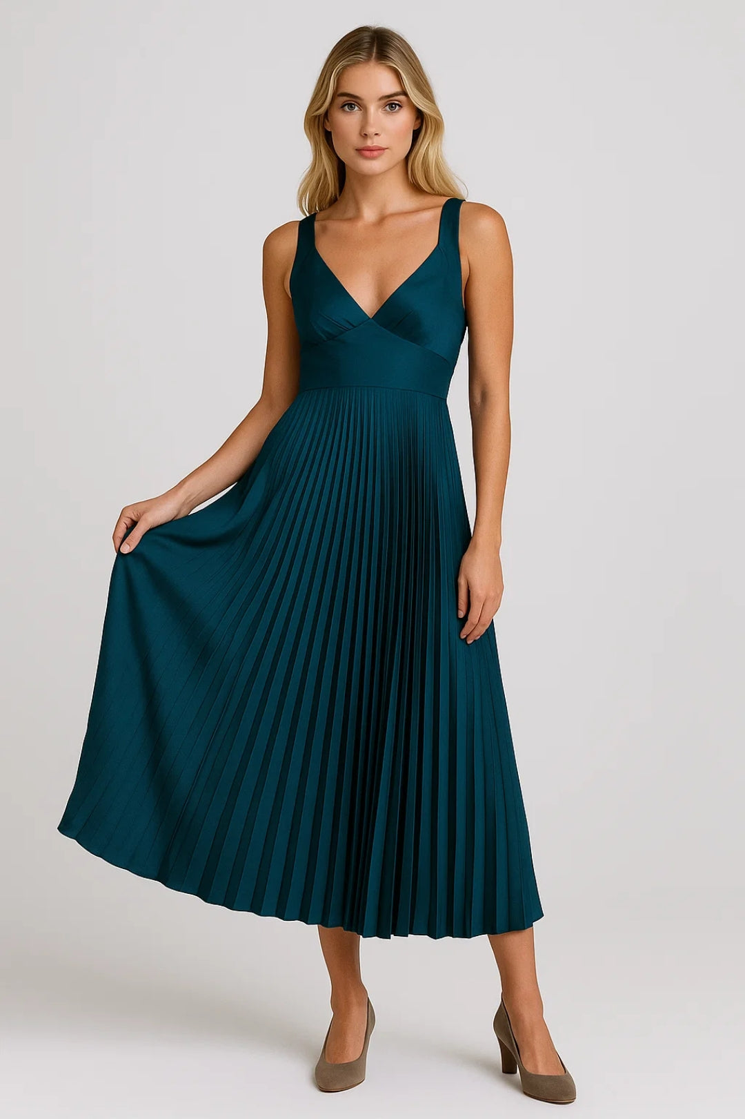 V Neck Maxi Dress with Pleated Skirt and Wide Straps