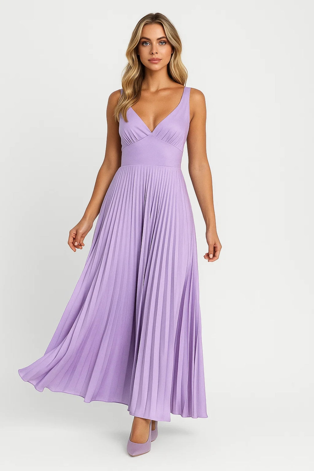 V Neck Maxi Dress with Pleated Skirt and Wide Straps