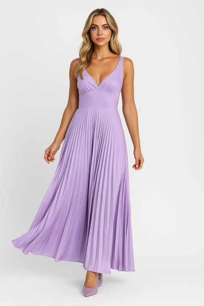V Neck Maxi Dress with Pleated Skirt and Wide Straps