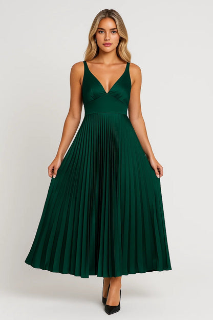 V Neck Maxi Dress with Pleated Skirt and Wide Straps