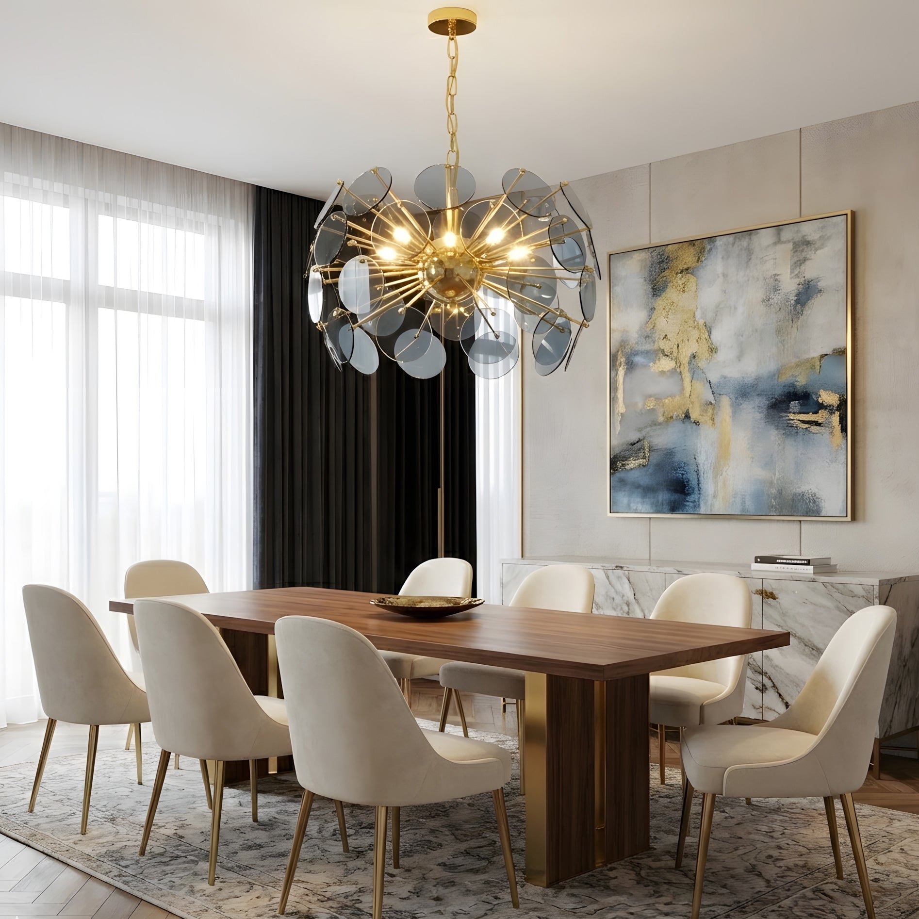 Blue Glass Disc Sputnik Chandelier