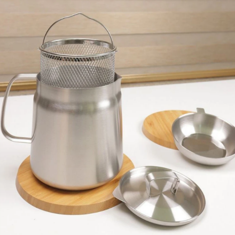 Deep Frying Pot with Oil Strainer, Fine Mesh Strainer, Pouring Spout, Oil Storage