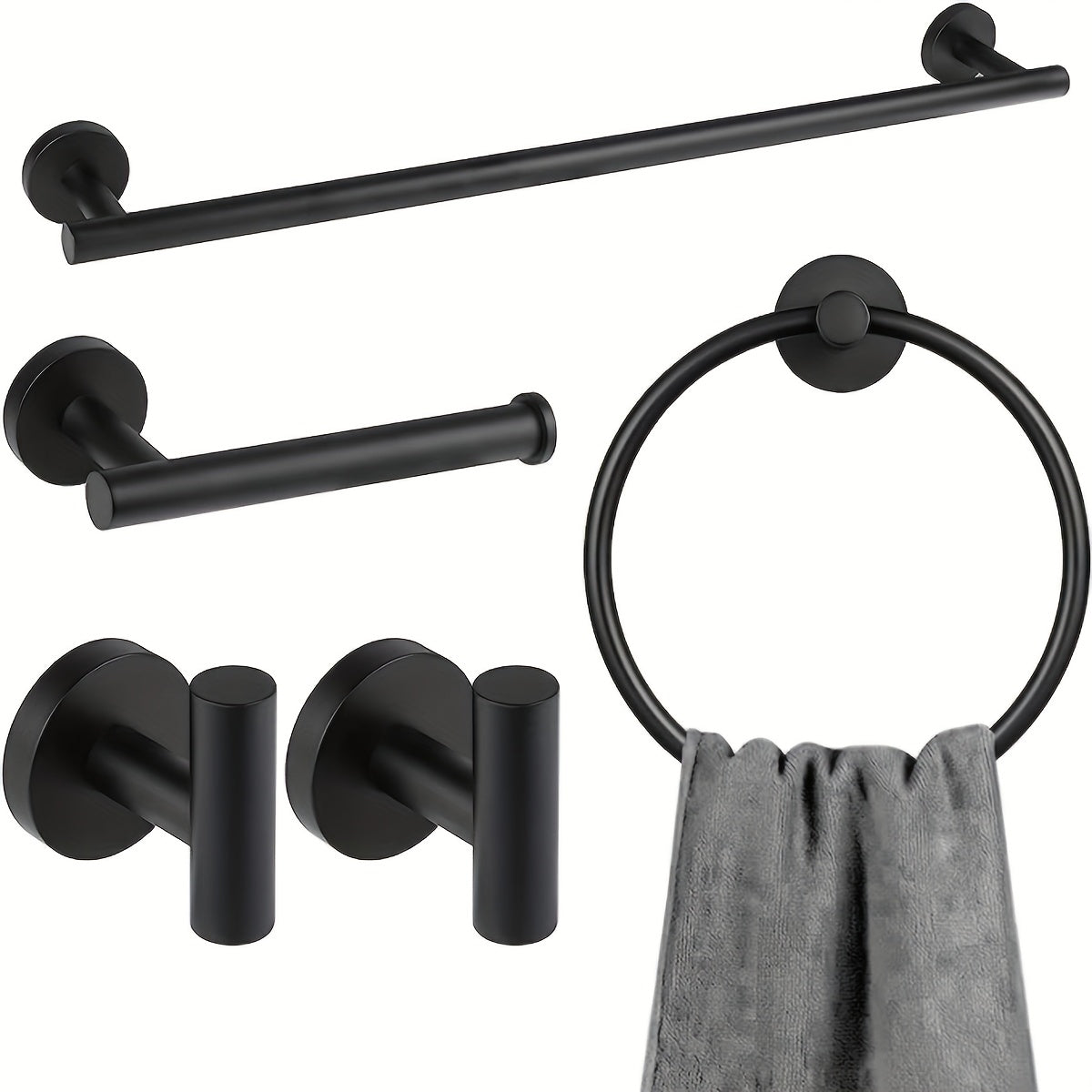 DekoGestell: Towel Holder Bathroom – 5-Piece Wall-Mount Set Made of Stainless Steel, Black/Silver, Space-Saving & Stylish for Bath Textiles
