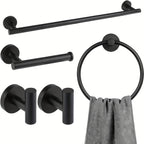 DekoGestell: Towel Holder Bathroom – 5-Piece Wall-Mount Set Made of Stainless Steel, Black/Silver, Space-Saving & Stylish for Bath Textiles