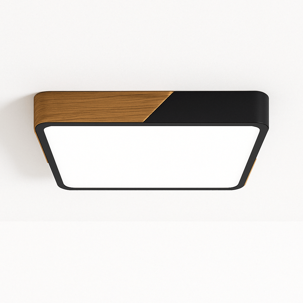DelphiLicht: Square Ceiling Light Wood & Iron LED Dimmable with Acrylic Diffuser – for Dining Room & Living Room