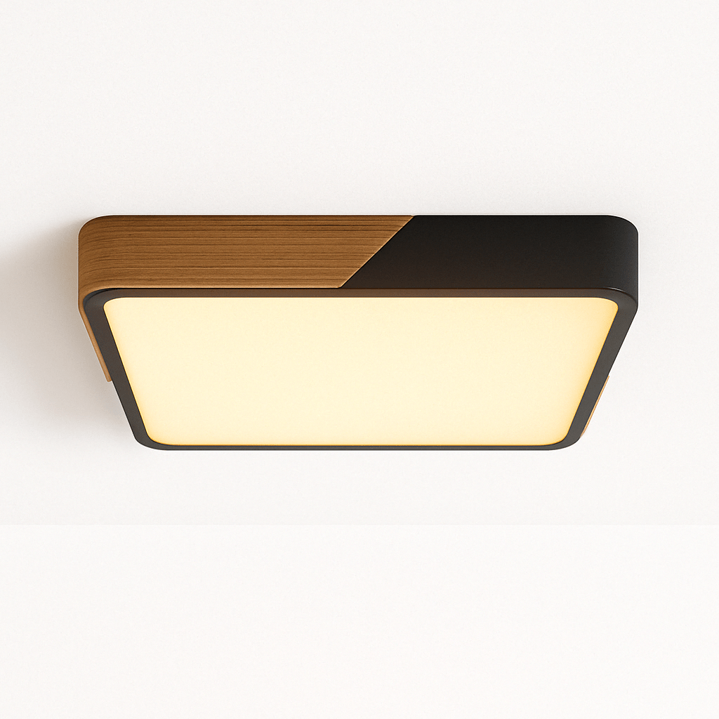 DelphiLicht: Square Ceiling Light Wood & Iron LED Dimmable with Acrylic Diffuser – for Dining Room & Living Room